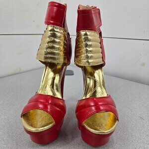 Ruby Red High Heel Platform Booties w Gold Accents Dress Shoes Women's Size 6